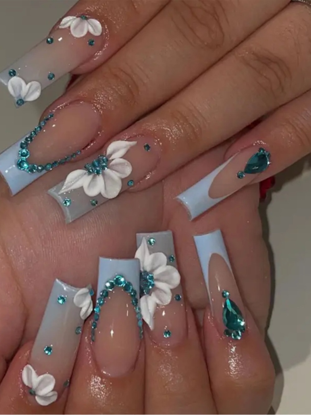 Light Blue Floral 3D Press-On Nails with Teal Rhinestones